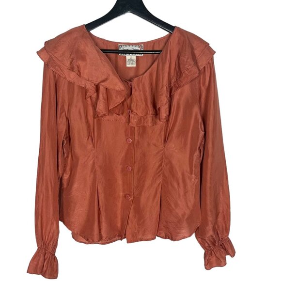 Vintage Tops - Vintage 90s Warm Mauve Ruffle Collar Silk Long Sleeve Button Up Top Medium